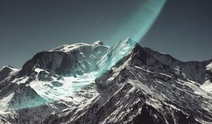 Preview wallpaper mountain, peak, snowy, light, starry sky