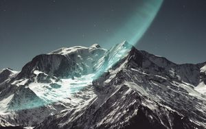 Preview wallpaper mountain, peak, snowy, light, starry sky