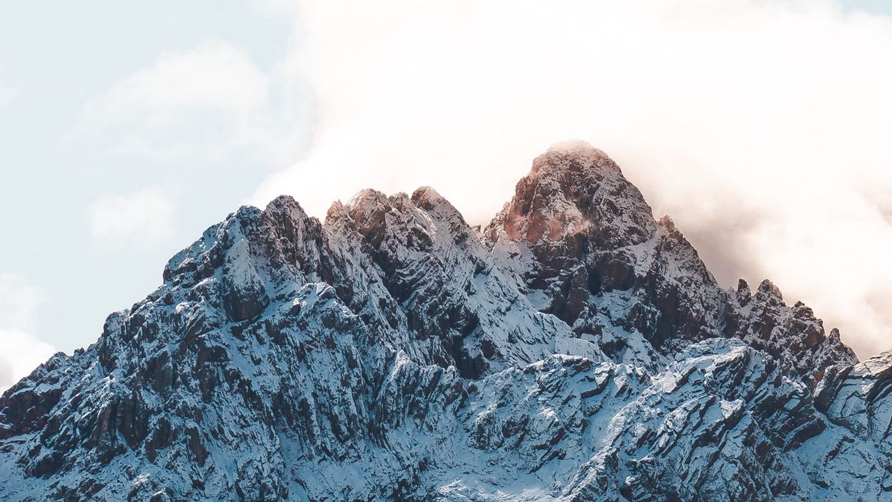 Wallpaper mountain, peak, snowy, clouds, landscape