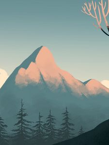 Preview wallpaper mountain, peak, spruce, trees, art