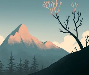 Preview wallpaper mountain, peak, spruce, trees, art
