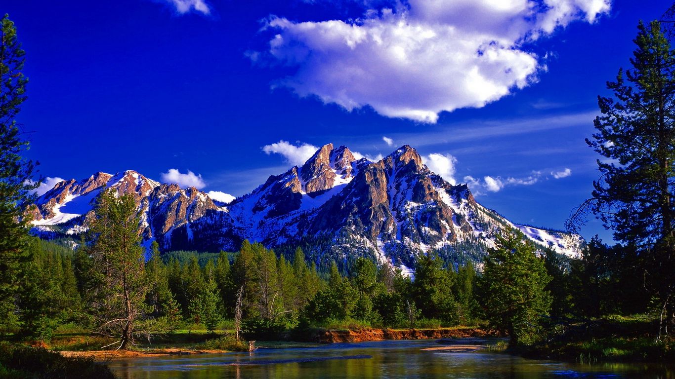 Download wallpaper 1366x768 mountain, peak, summit, forest, summer, lake,  day, landscape tablet, laptop hd background