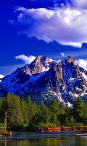 Preview wallpaper mountain, peak, summit, forest, summer, lake, day, landscape