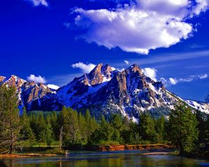 Preview wallpaper mountain, peak, summit, forest, summer, lake, day, landscape