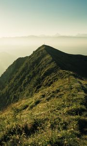 Preview wallpaper mountain, peak, sunlight, fog, grass