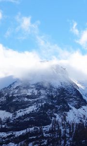 Preview wallpaper mountain, peak, top, snow, fog, sky