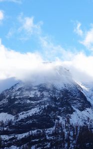 Preview wallpaper mountain, peak, top, snow, fog, sky