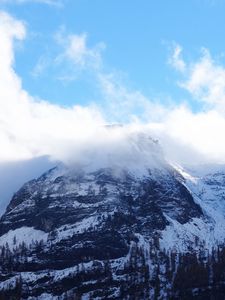 Preview wallpaper mountain, peak, top, snow, fog, sky