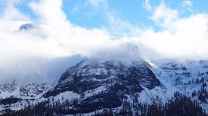 Preview wallpaper mountain, peak, top, snow, fog, sky