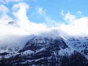 Preview wallpaper mountain, peak, top, snow, fog, sky