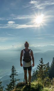 Preview wallpaper mountain, peak, tourist, man, sunlight