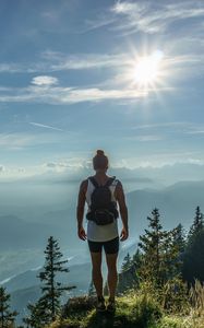 Preview wallpaper mountain, peak, tourist, man, sunlight