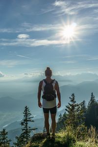 Preview wallpaper mountain, peak, tourist, man, sunlight