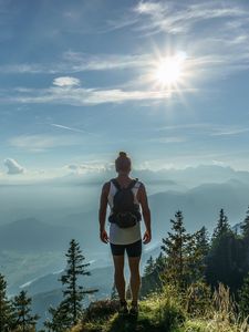 Preview wallpaper mountain, peak, tourist, man, sunlight