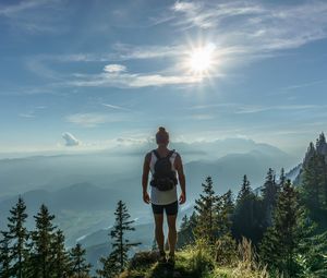 Preview wallpaper mountain, peak, tourist, man, sunlight