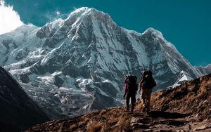 Preview wallpaper mountain, peak, tourists, trekking, nature
