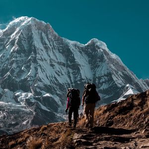 Preview wallpaper mountain, peak, tourists, trekking, nature