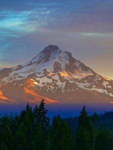 Preview wallpaper mountain, peak, trees, sky, sunset