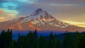 Preview wallpaper mountain, peak, trees, sky, sunset