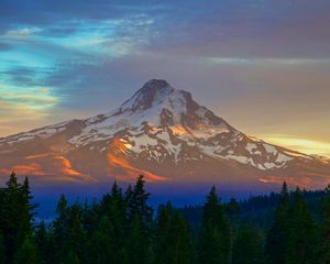 Preview wallpaper mountain, peak, trees, sky, sunset