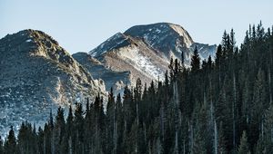 Preview wallpaper mountain, peak, trees, forest, sky