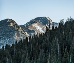 Preview wallpaper mountain, peak, trees, forest, sky