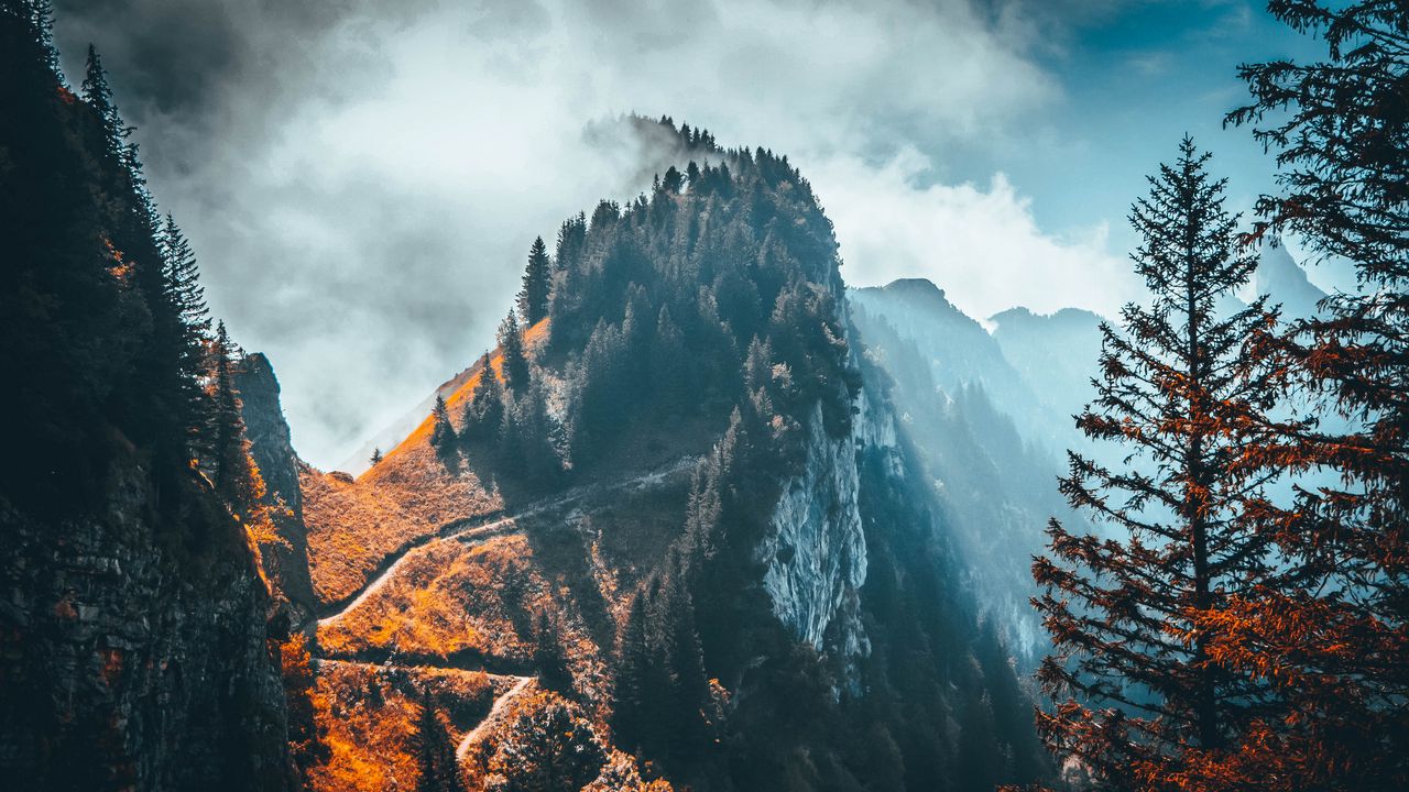 Wallpaper mountain, peak, trees, clouds, rock, landscape