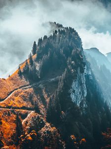 Preview wallpaper mountain, peak, trees, clouds, rock, landscape