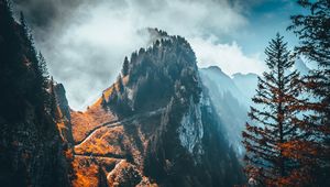 Preview wallpaper mountain, peak, trees, clouds, rock, landscape