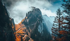 Preview wallpaper mountain, peak, trees, clouds, rock, landscape