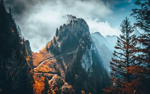 Preview wallpaper mountain, peak, trees, clouds, rock, landscape