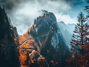 Preview wallpaper mountain, peak, trees, clouds, rock, landscape