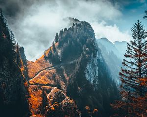 Preview wallpaper mountain, peak, trees, clouds, rock, landscape