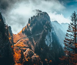 Preview wallpaper mountain, peak, trees, clouds, rock, landscape