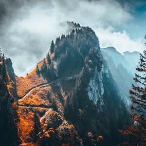 Preview wallpaper mountain, peak, trees, clouds, rock, landscape