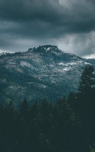Preview wallpaper mountain, peak, trees, cloudy