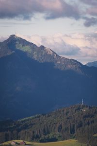 Preview wallpaper mountain, peak, trees, building, hill