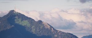 Preview wallpaper mountain, peak, trees, building, hill