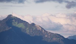 Preview wallpaper mountain, peak, trees, building, hill