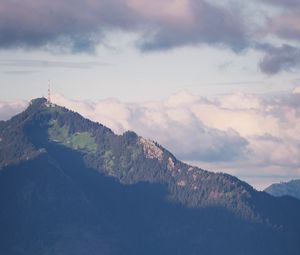 Preview wallpaper mountain, peak, trees, building, hill