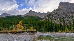 Preview wallpaper mountain, peak, trees, coast, water