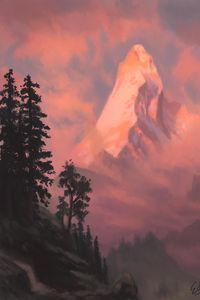 Preview wallpaper mountain, peak, trees, landscape, art