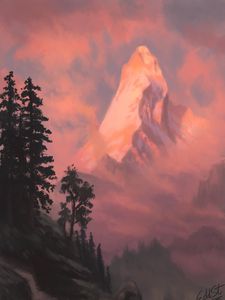 Preview wallpaper mountain, peak, trees, landscape, art