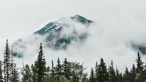 Preview wallpaper mountain, peak, trees, clouds, nature