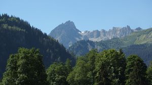 Preview wallpaper mountain, peak, trees, fog, landscape