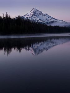 Preview wallpaper mountain, peak, trees, lake, reflection, landscape