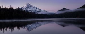 Preview wallpaper mountain, peak, trees, lake, reflection, landscape