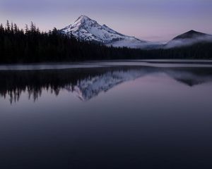 Preview wallpaper mountain, peak, trees, lake, reflection, landscape