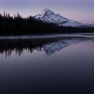 Preview wallpaper mountain, peak, trees, lake, reflection, landscape