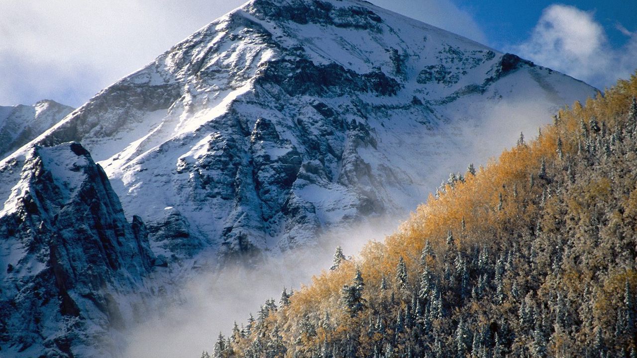 Wallpaper mountain, peak, trees, slope, fog, tops, autumn, day